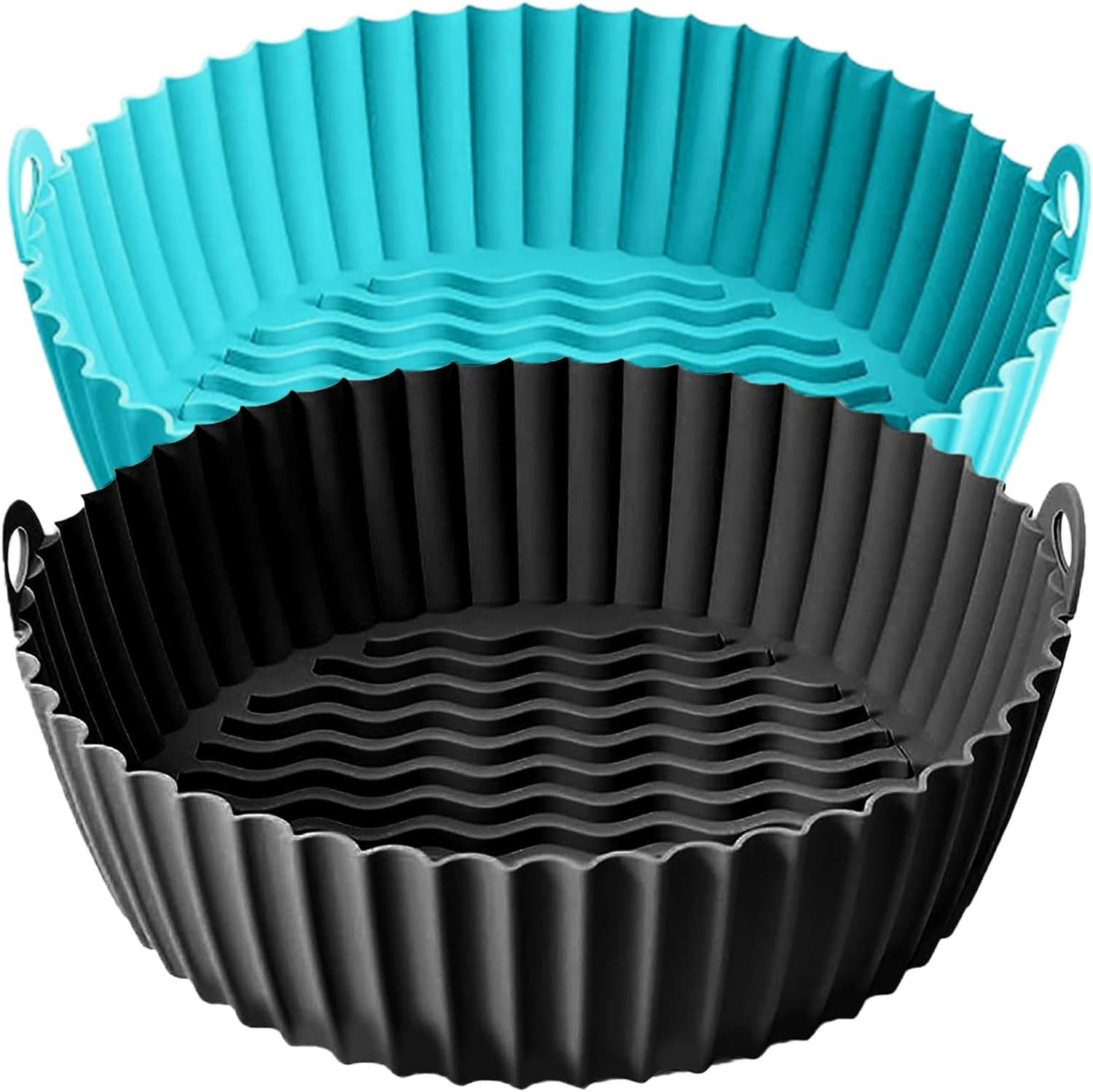 8 Inch Air Fryer Liners for Ninja AF100 AF101 AF141 AF150 AF161 XL (2 Pack) Black & Cyan Silicone Liners with Handles for 3–6 QT AirFryer COSORI, Gourmia and more – Reusable Nonstick Inserts